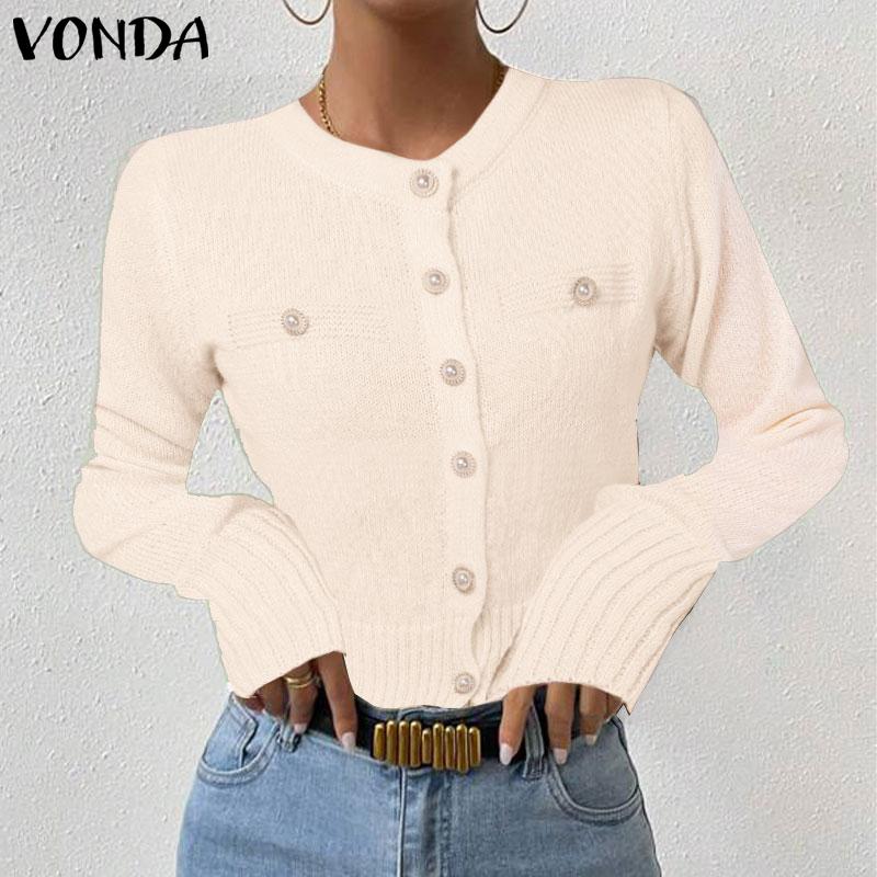 VONDA Women Autumn Round Neck Long Sleeve Pearl Button Cardigans