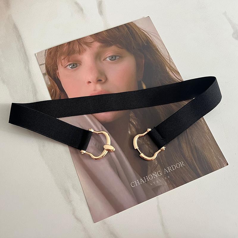 

Эластичный ремень с золотой металлической пряжкой для женщин, женские однотонные нейлоновые пояса в стиле ретро, ​​простая классическая рубашка, декоративный пояс чёрный