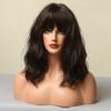 ALAN EATON Medium Water Wave Synthetic Wigs with Bangs Natural Dark Brown Bob Daily Hair Wigs for Women Heat Resistant Fiber