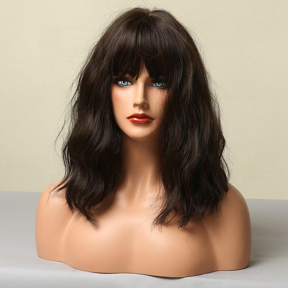 ALAN EATON Medium Water Wave Synthetic Wigs with Bangs Natural Dark Brown Bob Daily Hair Wigs for Women Heat Resistant Fiber