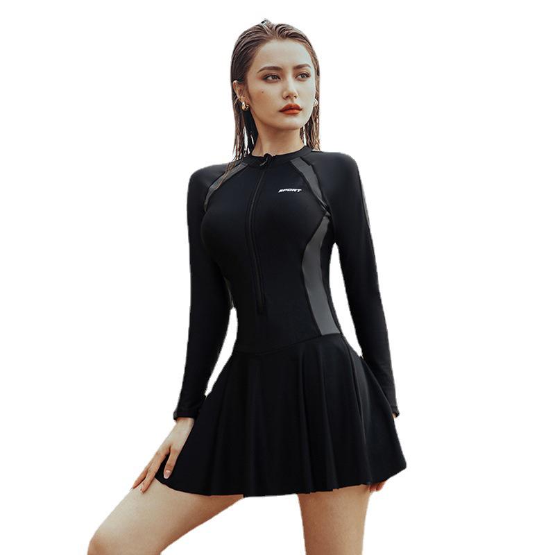 2024 Women's Long-Sleeve Slimming One-Piece Swimsuit: Belly-Covering, Sun-Proof, Skirt-Style, Conservative, Plus-Size.