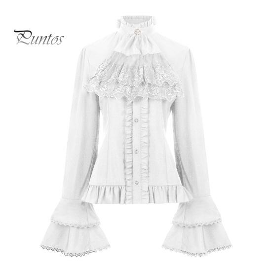 

Женский топ в стиле стимпанк, водолазка с бантом, декор, кружево, чистый цвет, с длинными рукавами-колокольчиками, однобортное гофрированное плиссированное пальто для косплея XXL белый