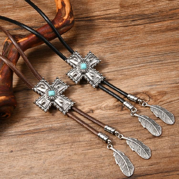 Men Women Western Cowboy Bolo Tie Vintage Floral Stone Pendant Jewelry Leather Rope Necktie Tie Metal Feathered Necklace