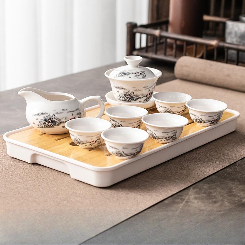 Kung Fu Tea Set Home Simple Living Room Set of Ceramic Covered Bowl Tea Cup Tray Water Storage Tea Tray Diamine Plate