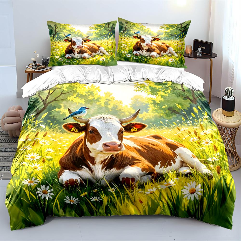 Pastoral Scene with Cow and Bird Print Soft Comfortable Duvet Cover Bedding Set Included 1*Duvet Cover 2*Pillowcases