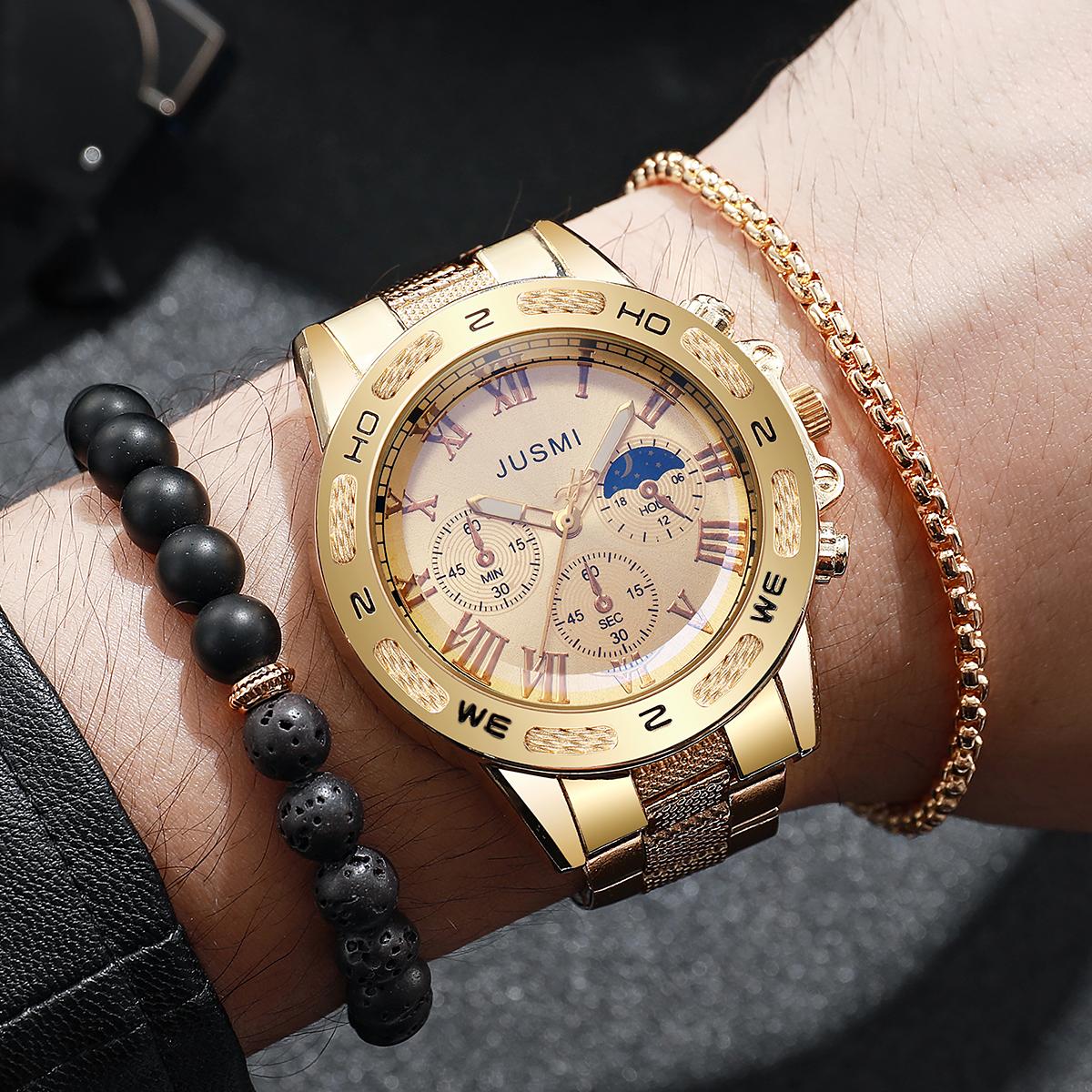 

Модные часы с золотым стальным ремешком, кварцевые, мужские, браслеты, бусины, набор из трех предметов золотой