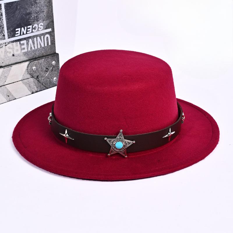 Tibetan Party Hat European and American Solid Color Woolen Jazz Hat Outdoor Western Cowboy Hat Leather Top Hat