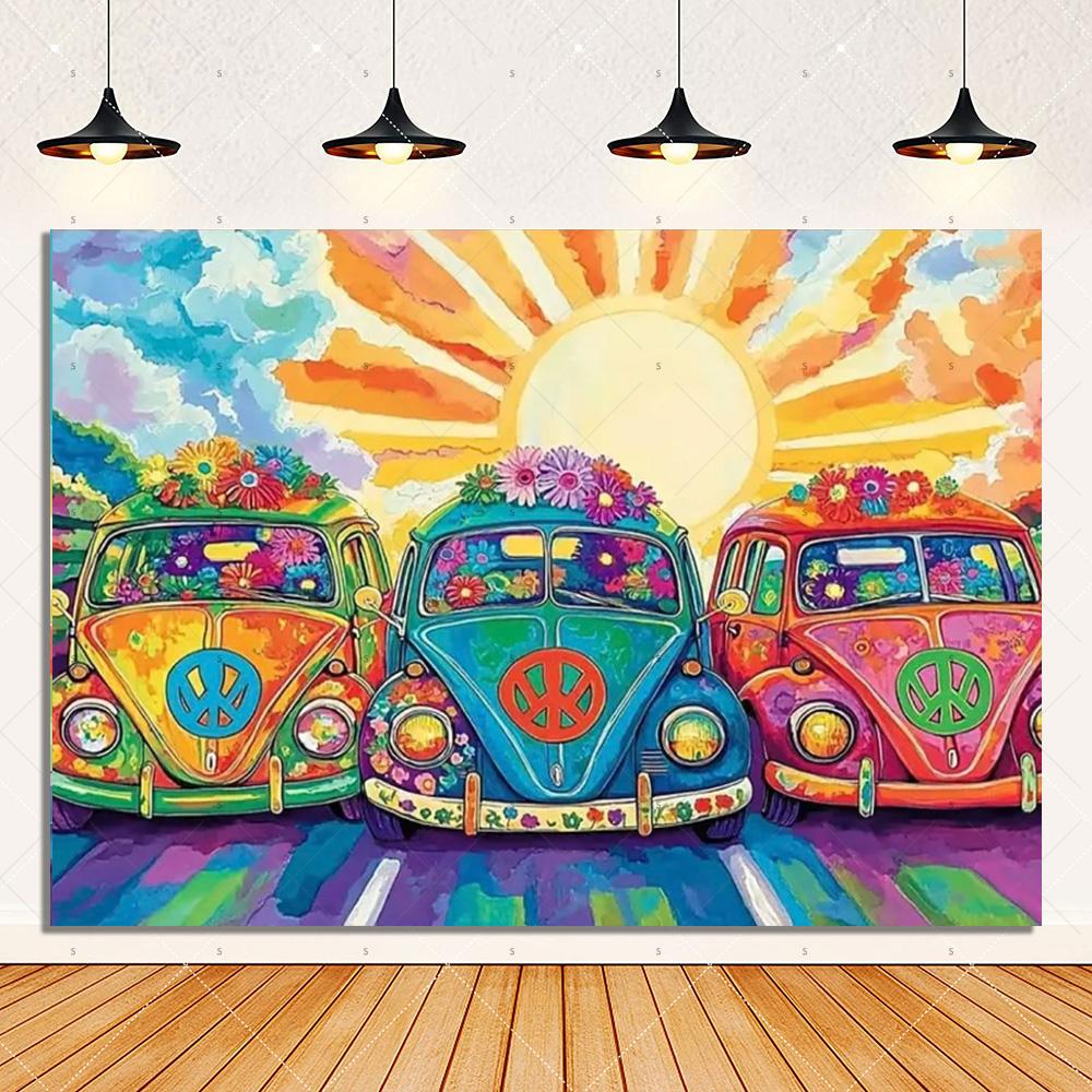 Colorful Hippie Bus Background Banner Bohemian Style Theme Backdrop Supplies Love And Peace Party Decorations Photography Props