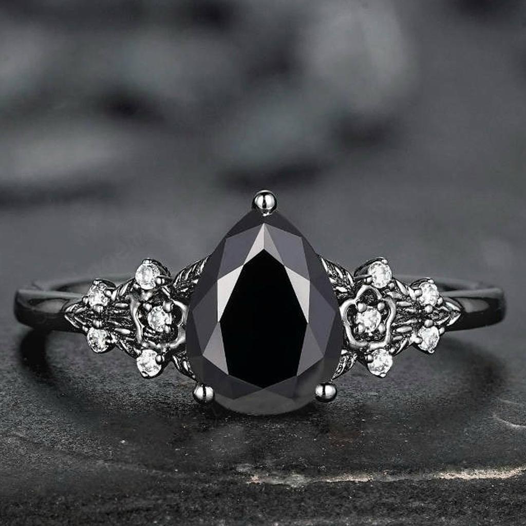 Sophisticated Flower Rings With Black Cubic Zirconia Delicate Alloy Loop For Women Size 6 10 Layering Jewelry Pieces