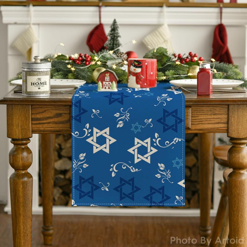 Artoid Mode Blue Hexagram Hanukkah Table Runner, Star of David Je Menorah Passover Holiday Kitchen Dining Table Decoration for Indoor Outdoor Home