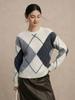 Women's High-End Wool Sweater: Large Diamond Plaid, Color Block, Round Neck, Brushed Knit, Loose Fit for Autumn and Winter Trends.
