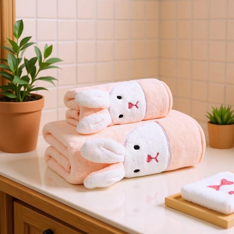 Coral Fleece Cartoon Rabbit 3D Quick-Dry Absorbent Bath Towel Set for Kids & Couples
