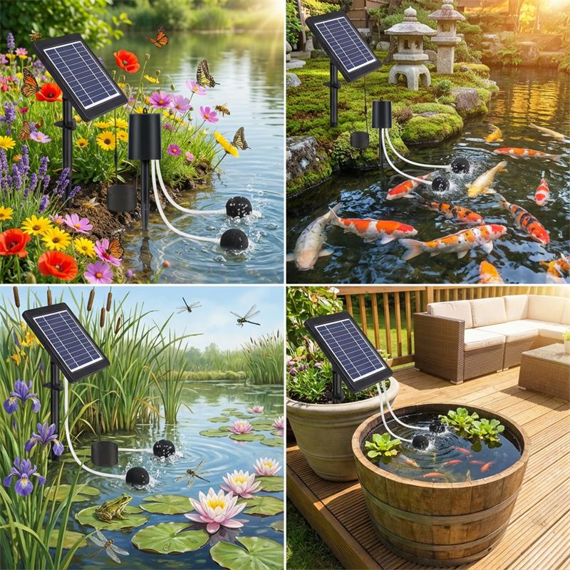 Solar Air Pump/Pond Pump, 4W Upgraded Solar Panel Built in 2200mAh Battery, with Double Air Bubble Stones, for Aquarium Pond Etc