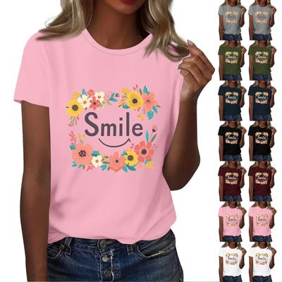 Women's Smile Letter Printed Round Neck T-Shirt Short Sleeve Top