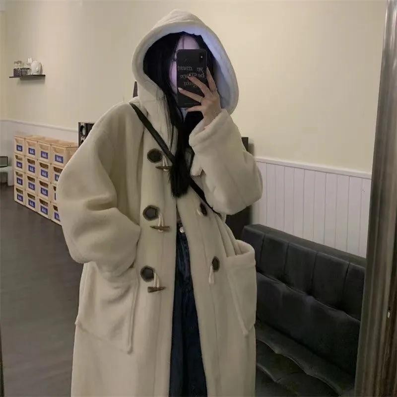Horn Button Women's Lamb Wool Long Coat - College Style, Warm & Slim, Hooded, for Autumn/Winter 2023