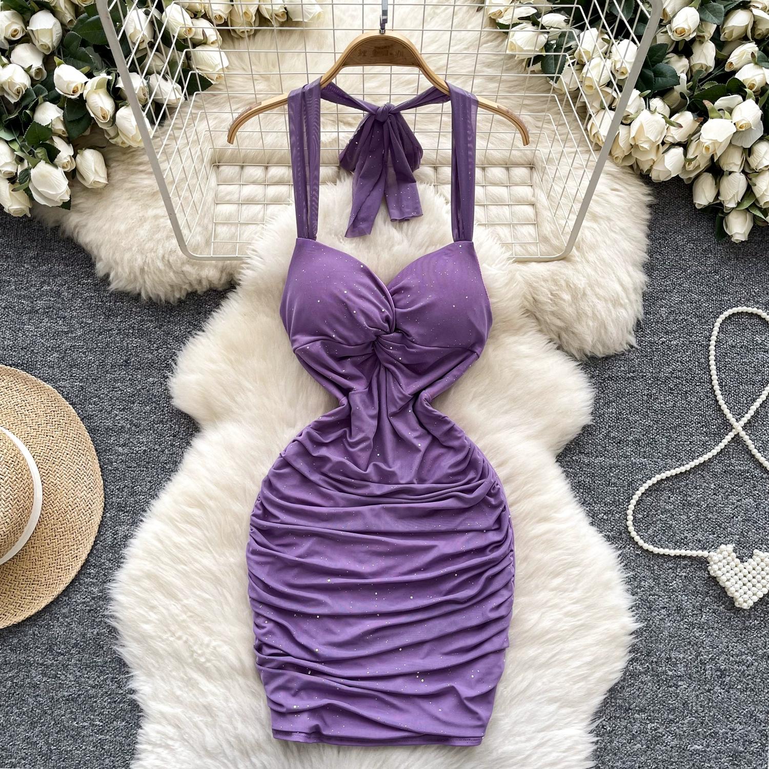 

Летние женские сексуальные бретельки через шею с открытой спиной, блестящие, облегающие, мини-короткие, клубные платья для вечеринок L фиолетовый