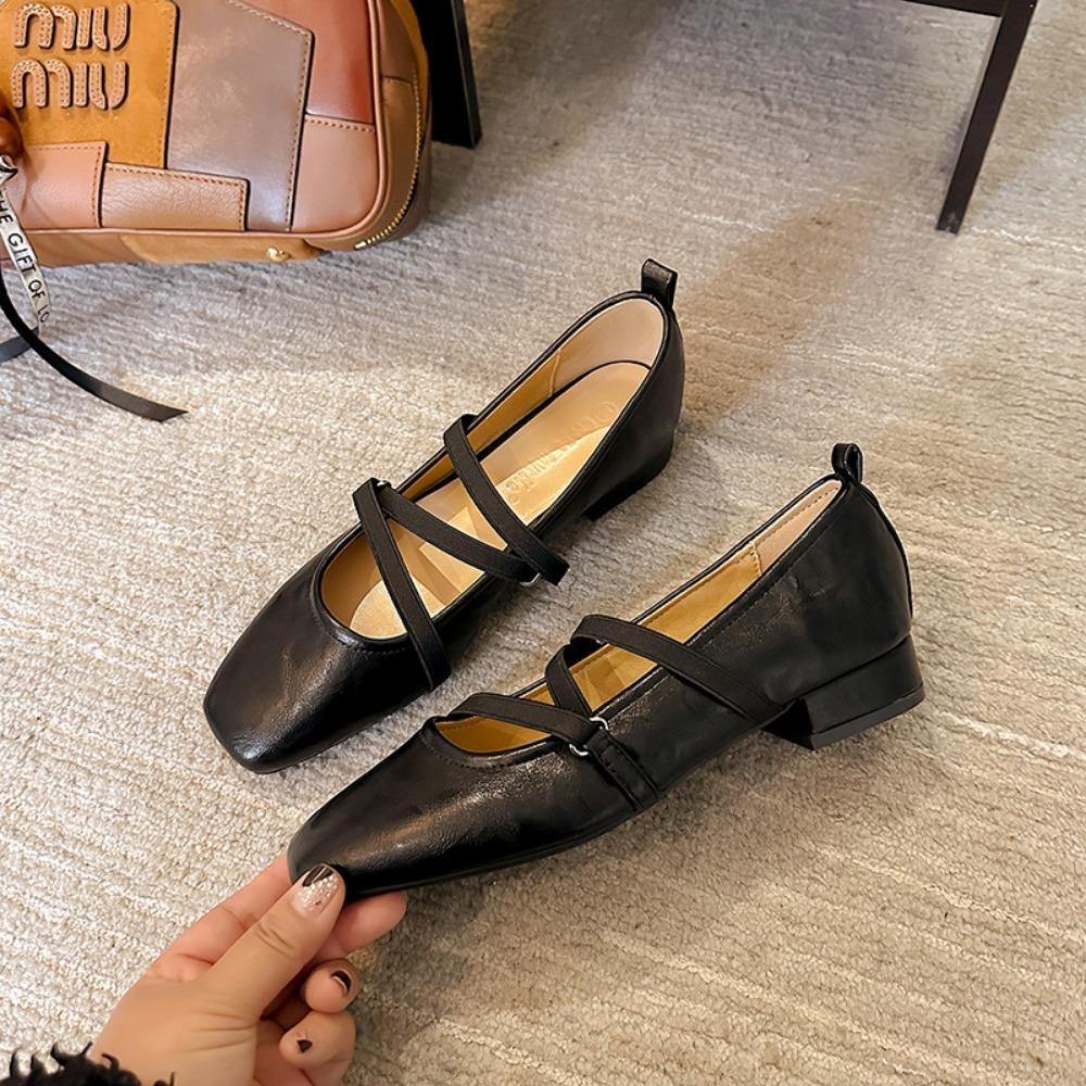 Single Shoe Women's 2025 Spring and Autumn New Leather Square Toe Cross Strap Flat Sole Single Shoe Retro Mary Jane Womens Shoes