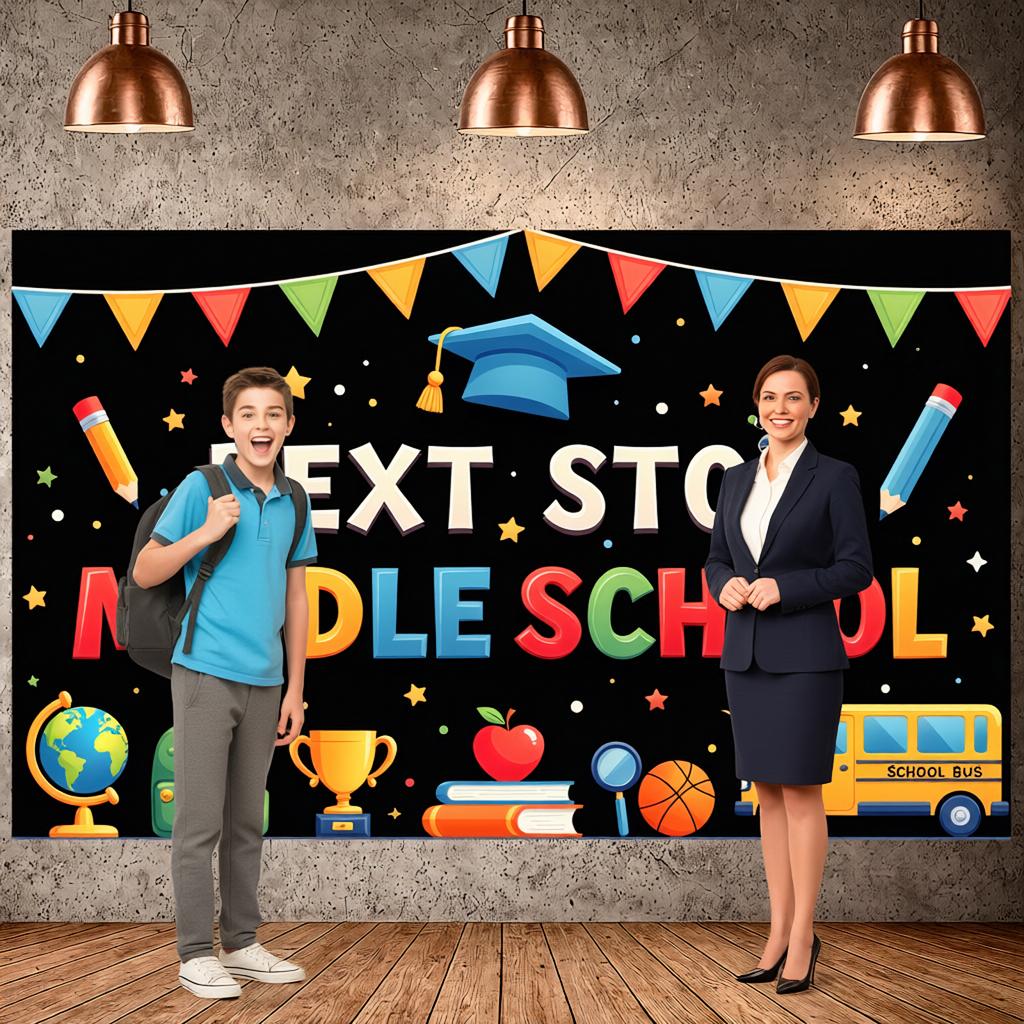 Back To School Banner Educational Elements School Celebration Background Next Stop Display Star Decorations Graduation Backdrop