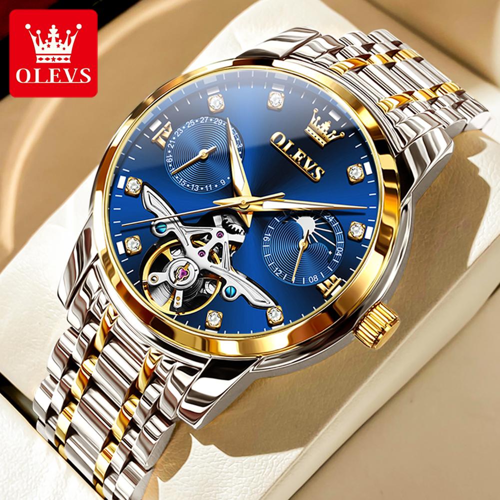 OLEVS Men's Watches Top Brand Luxury Fashion Original Automatic Mechanical Wristwatch Hollow Out Flywheel Movement Moon Phase