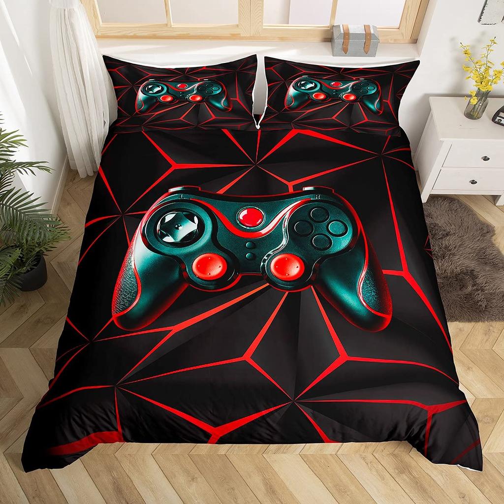Gamepad Duvet Cover Set Queen Video Game Twin Bedding Set Microfiber Green Cartoon Gamer Pattern Electronic Theme Quilt Cover