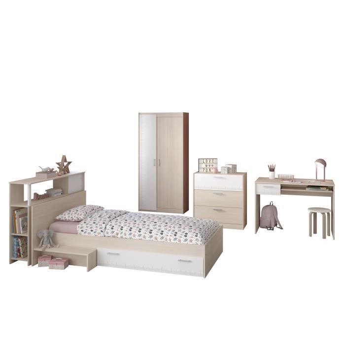 PARISOT Chambre enfant complète - Tête de lit + lit + commode + armoire + bureau - contemporain - Décor acacia clair et blanc -