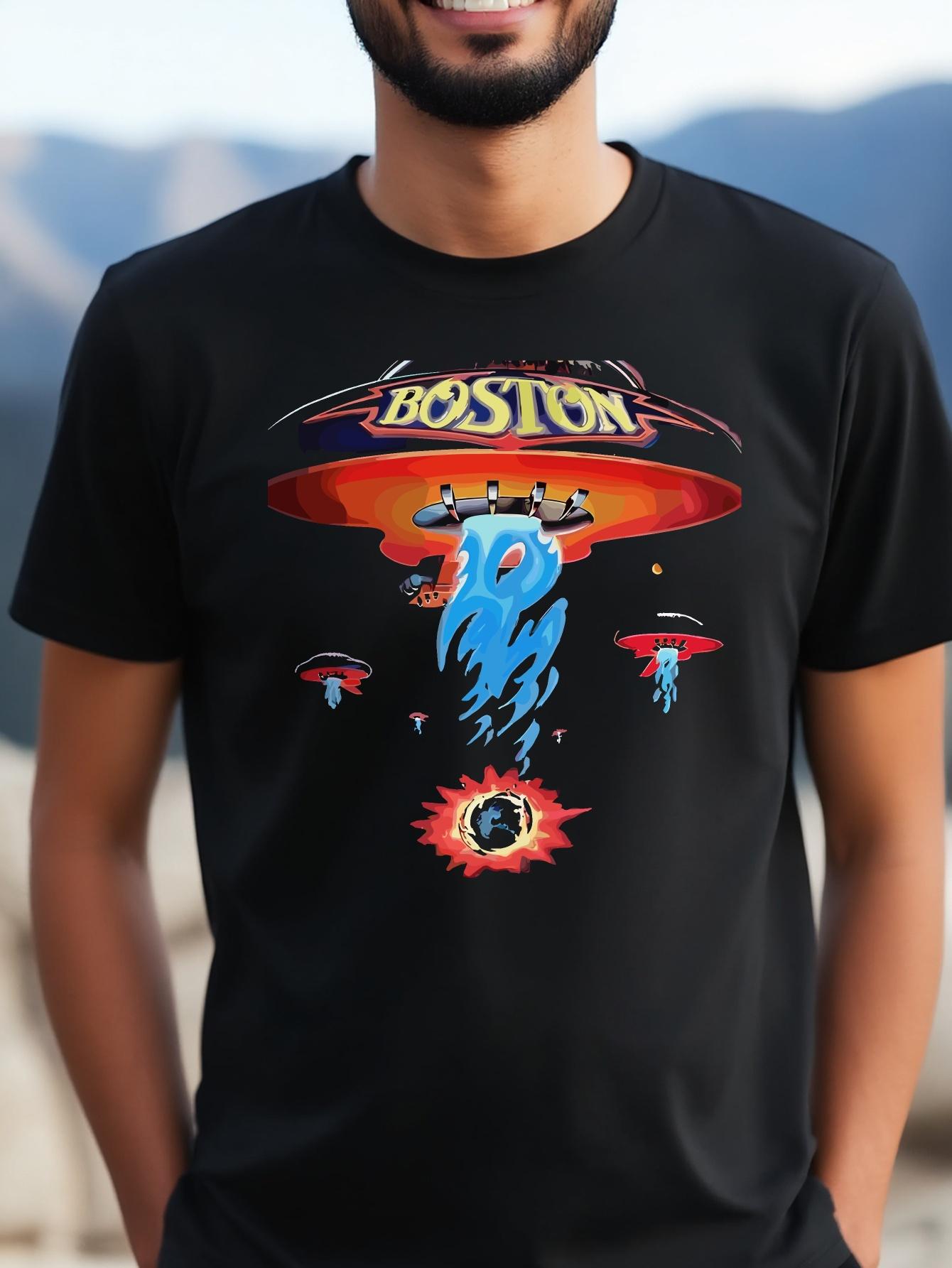 Graphic T-shirt - Soft Cotton Blend Crewneck Tee with UFO Spaceship & Boston Text Design - Stretch Knit Fabric for Gym L