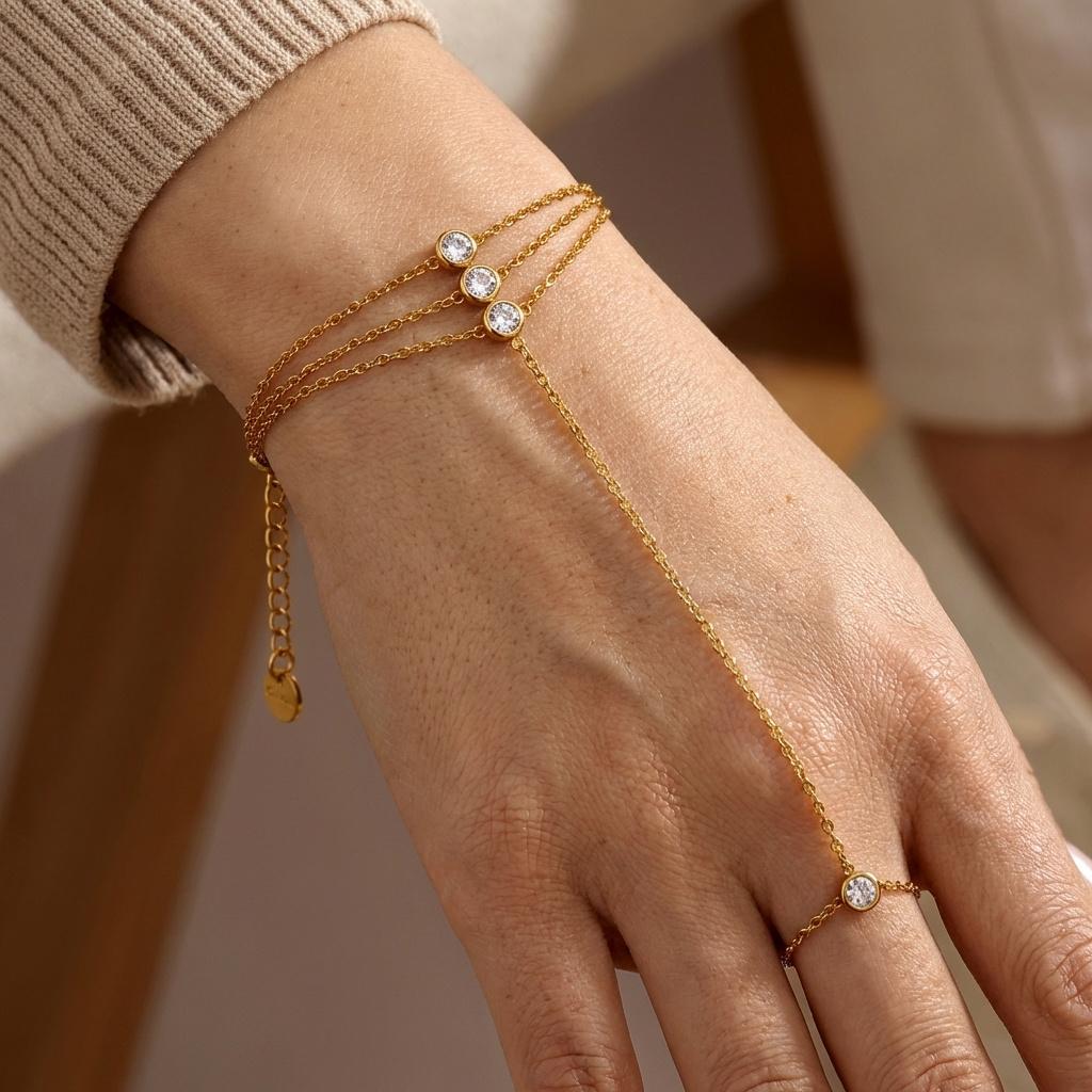 Braccialetti ad Anello per Dita Collegati con Strass Multistrato in Acciaio Inossidabile per Donna Braccialetto con Catena Sottile Fatta a Mano Gioielli da Festa