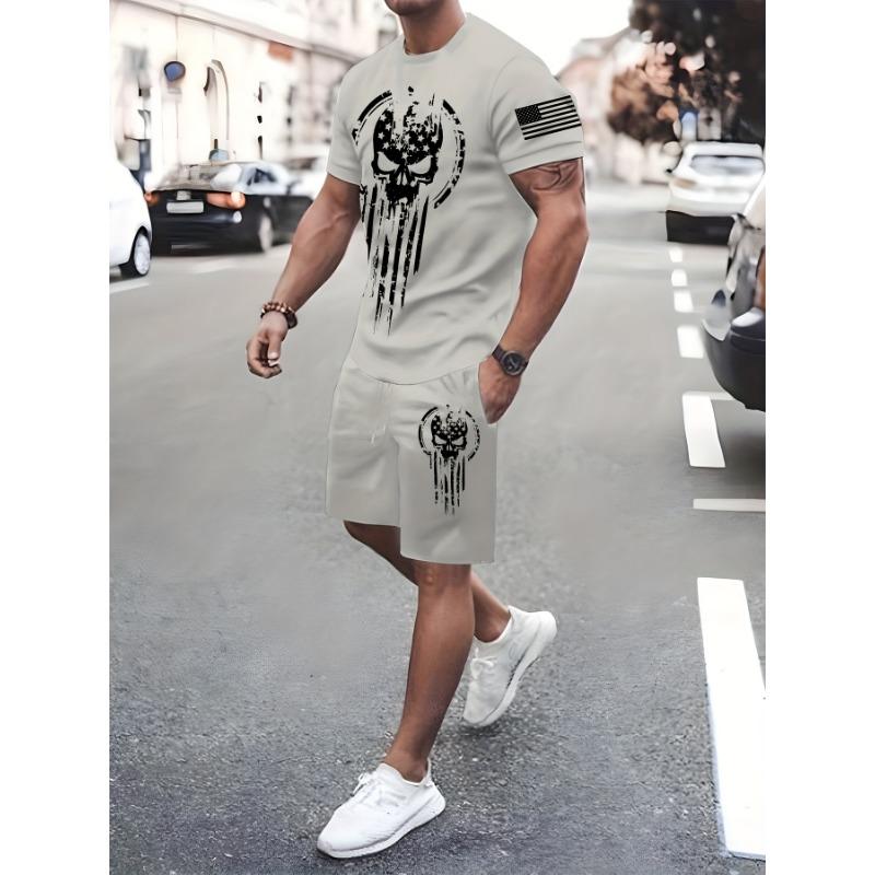 Men s Summer 2-Piece Casual Fashion Outfit, Crew Neck Short-Sleeve T-Shirt + Unique Printed Drawstring Shorts Set S