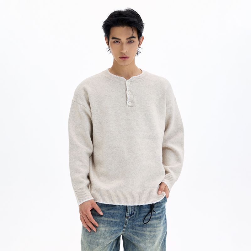 Kisko American-Style Henry Collar Hand-Stitched Wool Blend Knit Sweater for Men and Women, High-End Lazy Base Layer Top