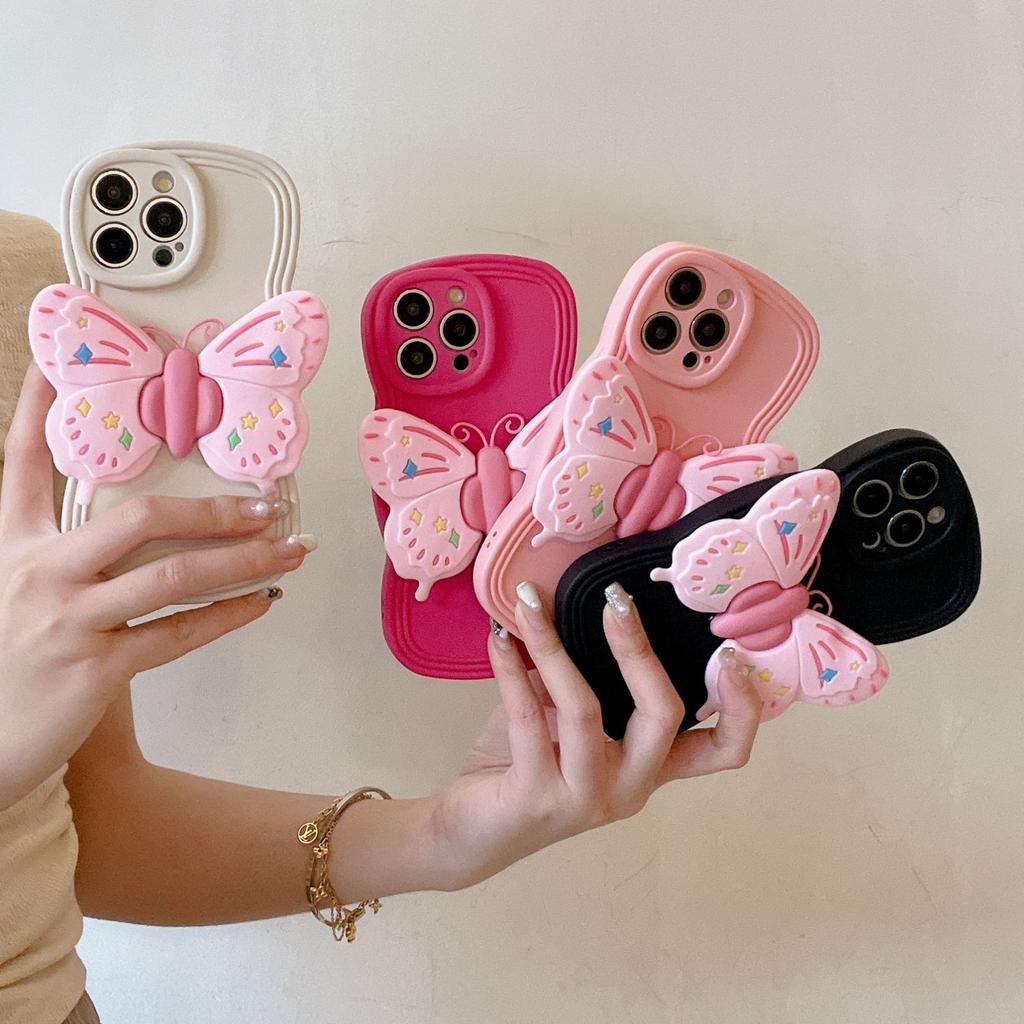 Three-dimensional pink butterfly silicone bracket for iPhone16Pro max iPhone 15 case 14/13 soft case