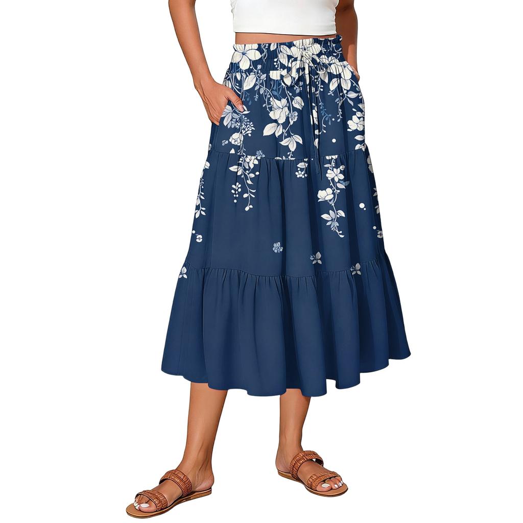Maxirock für Damen mit Kordelzug, hohe Taille, lange Sommerröcke, leicht, gestuft, fließend, geblümt, Faltenröcke