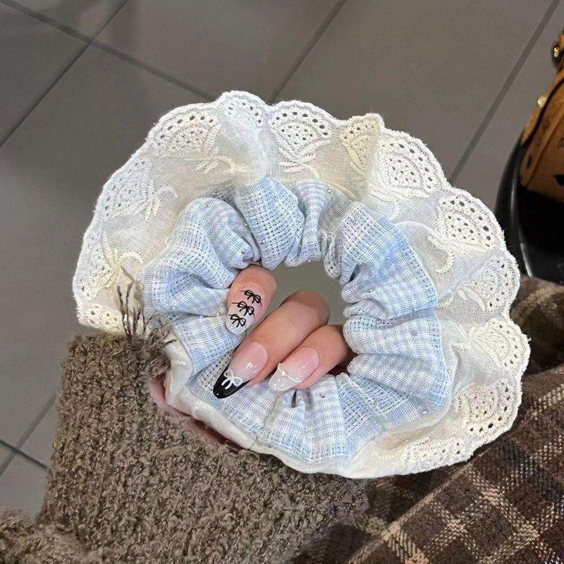 Korean Gingham Ballet Hair Tie - Cute Creamy Style Hair Rope with Lace Edge