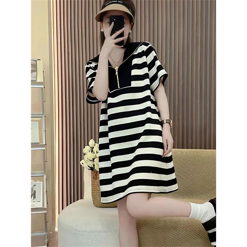 Striped Summer Short Sleeve Belly Covering Dress Loose Fit Casual Lightweight Women's Fashion