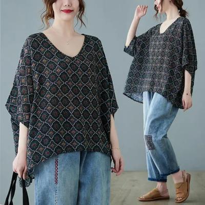 European and American Style Women's Printing Loose Summer Short Sleeved Top Women's Summer Thin V-neck T-shirt All Match Top