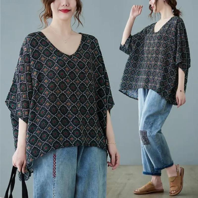 

European and American Style Women s Printing Loose Summer Short Sleeved Top Women s Summer Thin V-neck T-shirt All Match Top Onesize чорний