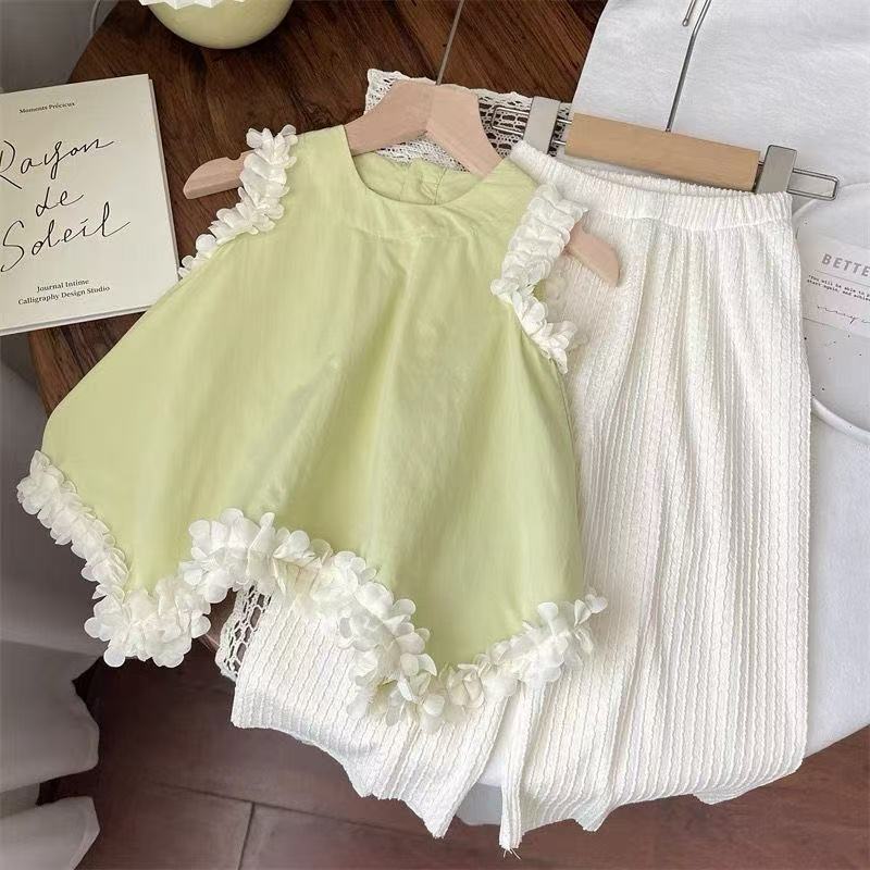 

Женский летний комплект одежды Детский модный комплект из двух предметов с широкими брюками Повседневный летний наряд 160