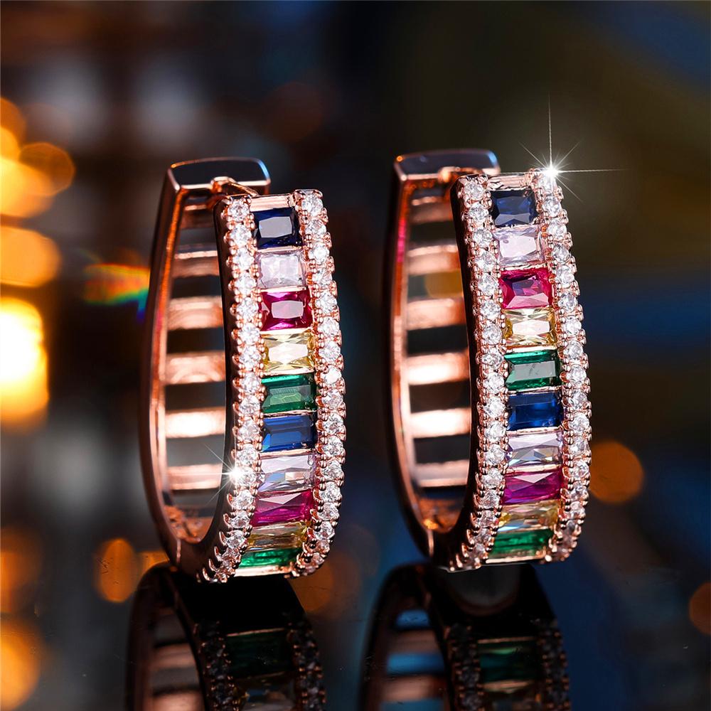 Charm Female Rainbow Zircon Stone Hoop Earrings Silver Color Wedding Jewelry For Women