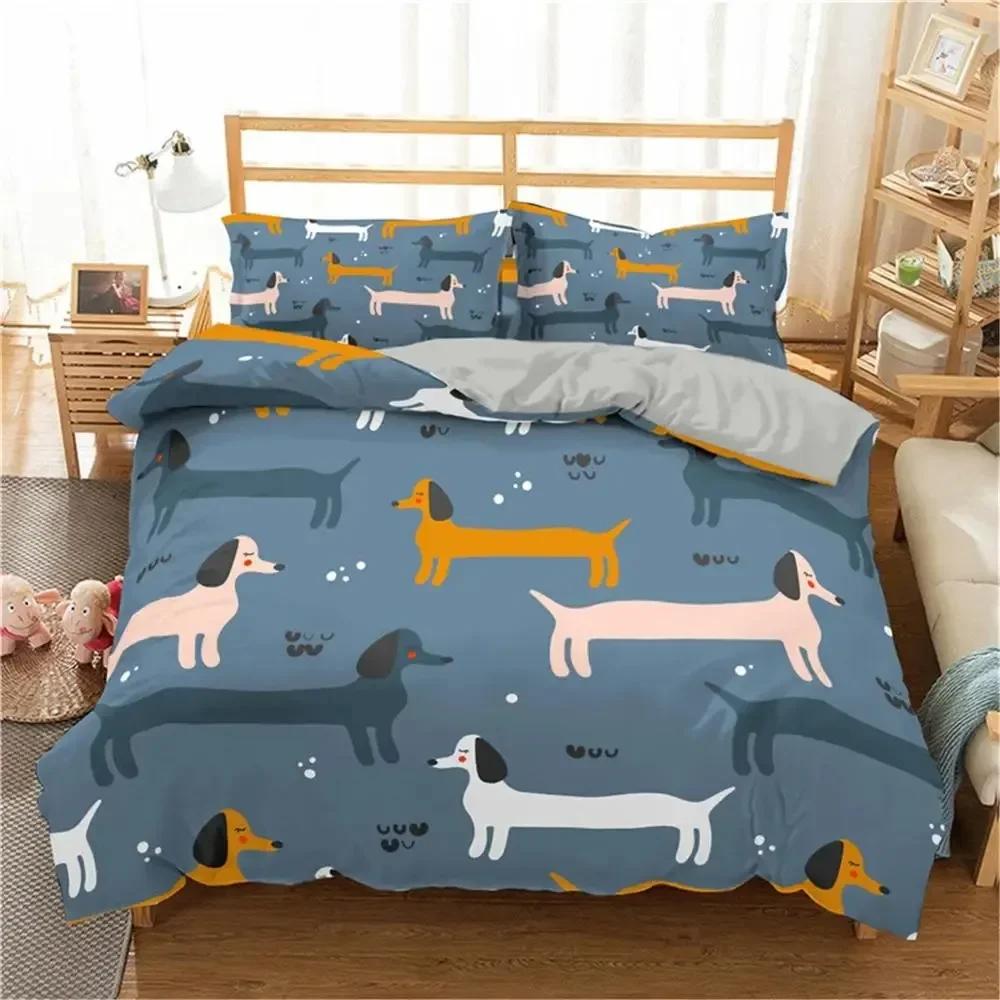 Cute Dachshund Sausage Dog Cartoon Puppy Animal 3D Duvet Cover Bedding Set Comforter Linen Pillowcases  Double Twin King Queen