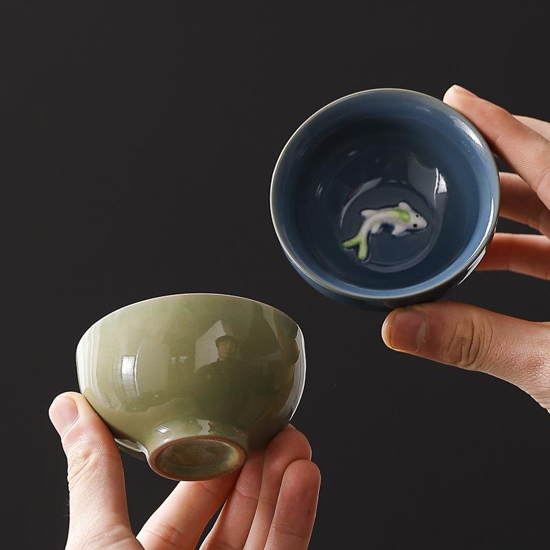 Celadon Fish Ceramic Teacup Small Carp Teacups Kung Fu Teaware Cups Chinese Handmade Travel Tea Set Drinking Accessories Gift