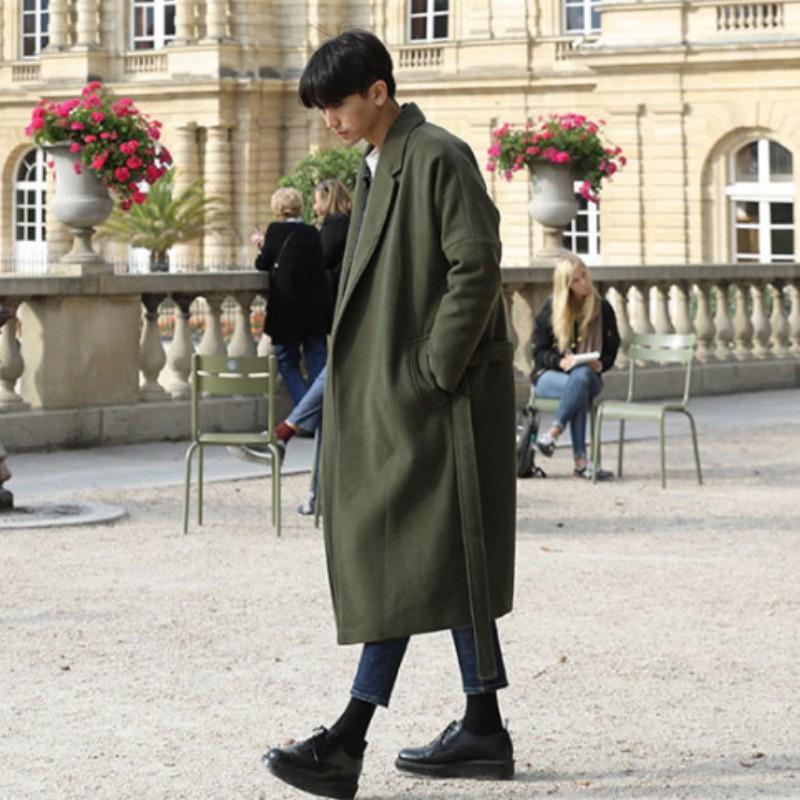 Herren Frühling und Herbst Lockere Schnürung Mittellanger Tweedmantel Jugend Einfarbig Einreihige Revers Windjacke
