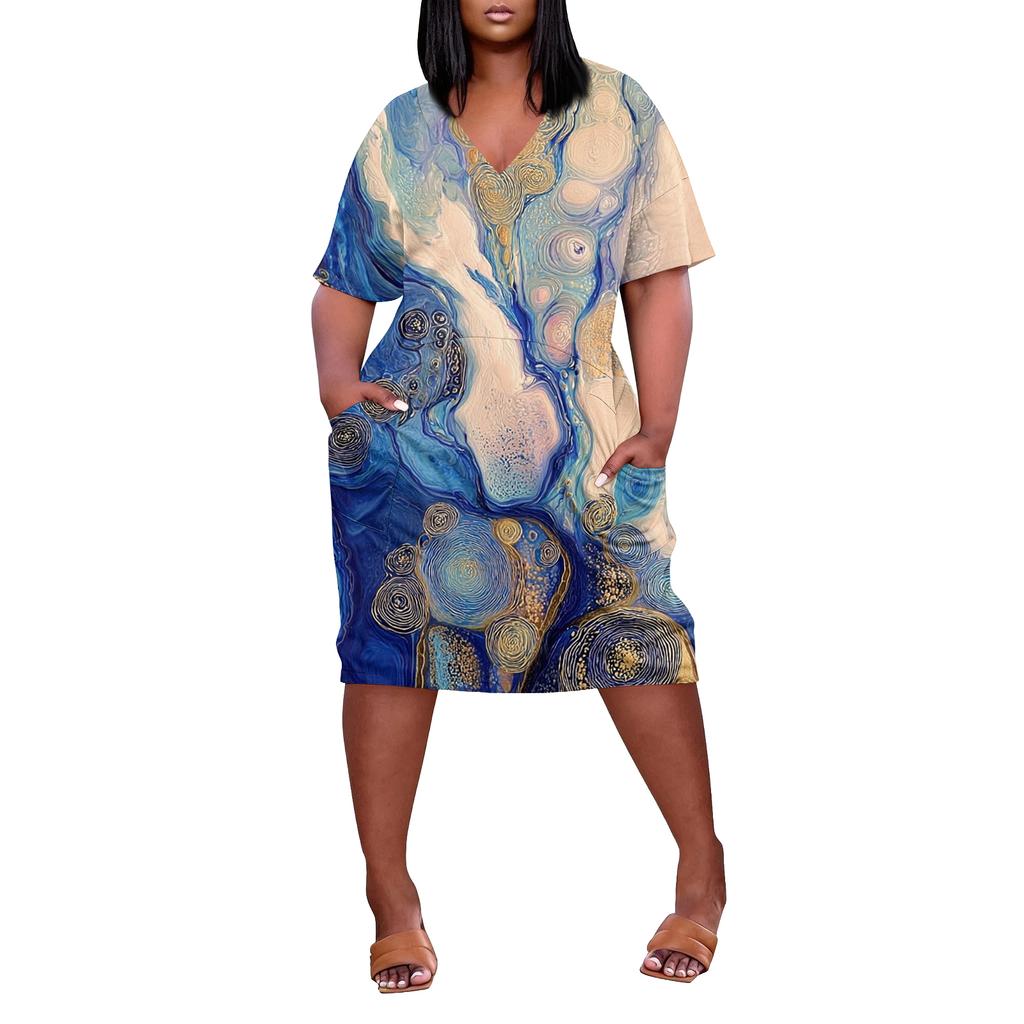 Letní nadměrné velikosti V výstřih krátký rukáv ke kolenům kapsa potisk ležérní šaty pro ženy