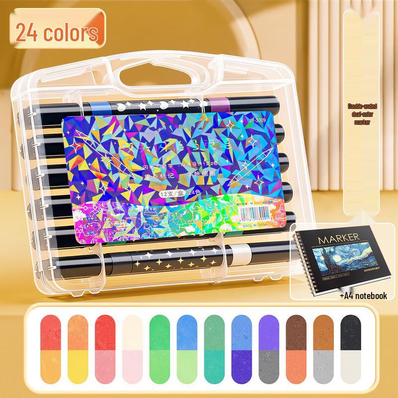 24-Color Dual-Tip Glitter Marker Pen Set with A4 Notebook