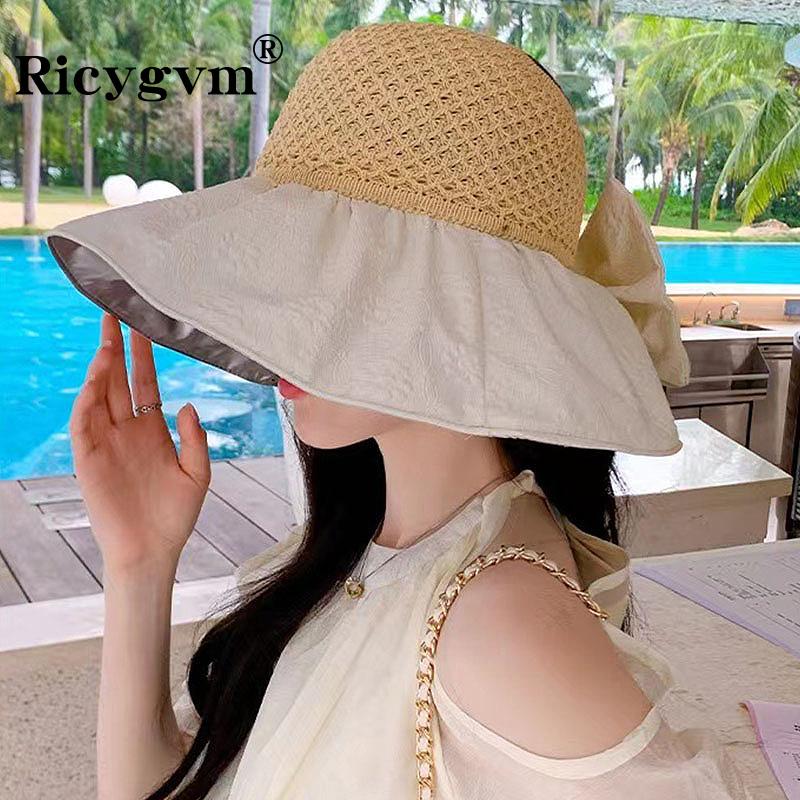 Summer Straw Hat for Women Summer UV Protection Wide Brim Big Bowknot Dome Basin Cap Girls Elegant Travel Outdoor Hat