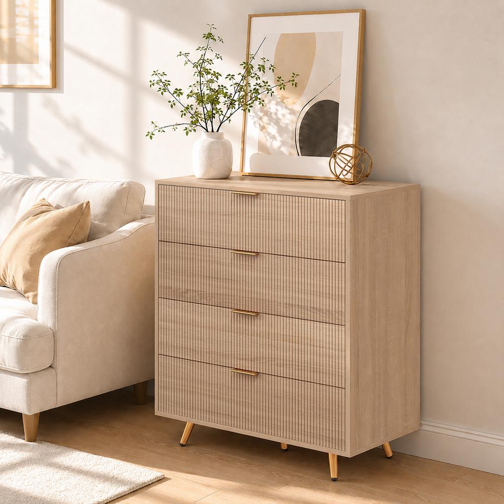 Bedroom Chest of Drawers Fluted Dresser Gold-Tone Handles Natural