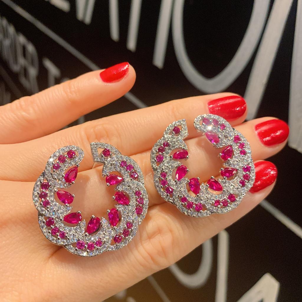 Jewelry Temperament Women'S Earrings Style Emerald Red Treasure Exaggerated Large Stud Earrings Earrings Full Of Diamonds