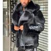 Black Large Fur Collar Hooded Thickened Velvet Men's Leather Jacket