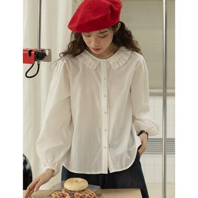 Lässiger Blütenblattkragen Vintage Innen Weiß Langarm Einfarbig Locker Hemden Französische Damen Bluse Tops