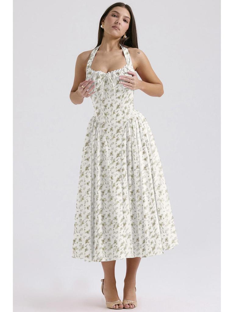 2025 European & American Style Summer Slim Spaghetti Strap Printed Halter Lace Dress