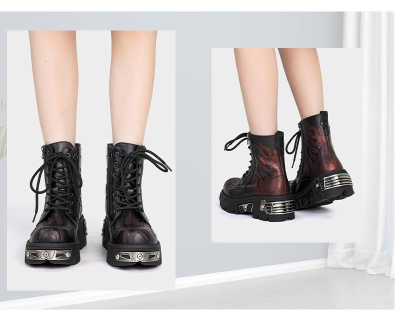 Unisex High-Top Punk Retro Flame Boots with Thick Tank Sole for Autumn/Winter