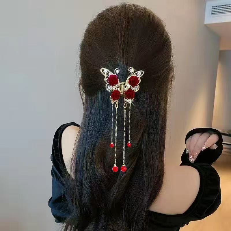 Clips de păr retro roșu catifea trandafir fluture gheară stras lux ciucure accesorii de păr agrafe crab pentru femei accesorii de păr podoabă de cap franțuzească